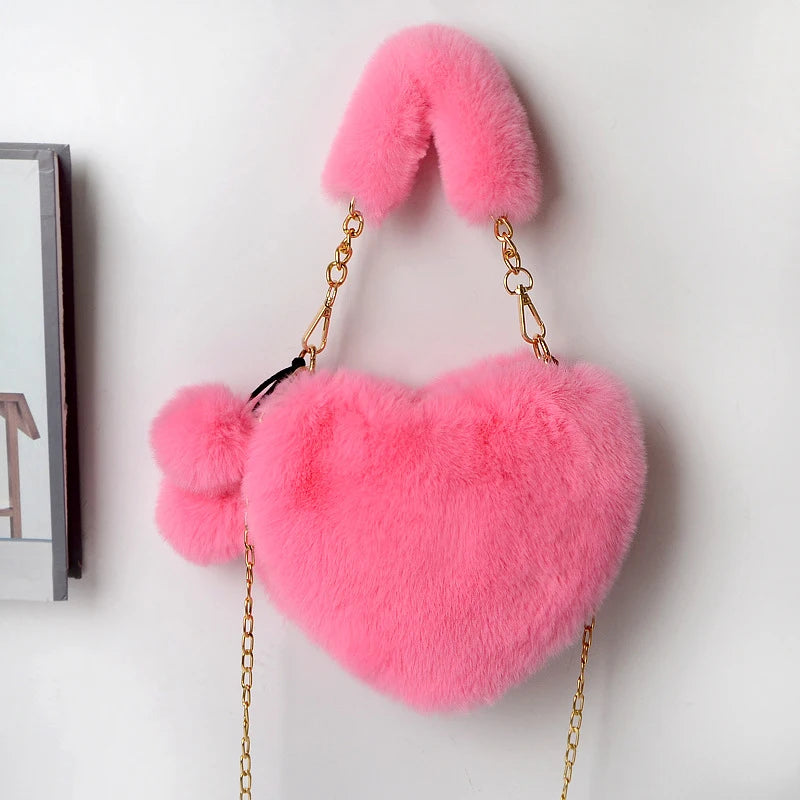 Heart-Shaped Plush Purse – Cute Fluffy Crossbody Bag for Women
