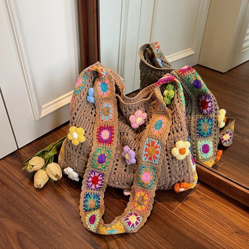 Crochet Flower Tote Bag – Large Capacity Knit Shoulder Bag
