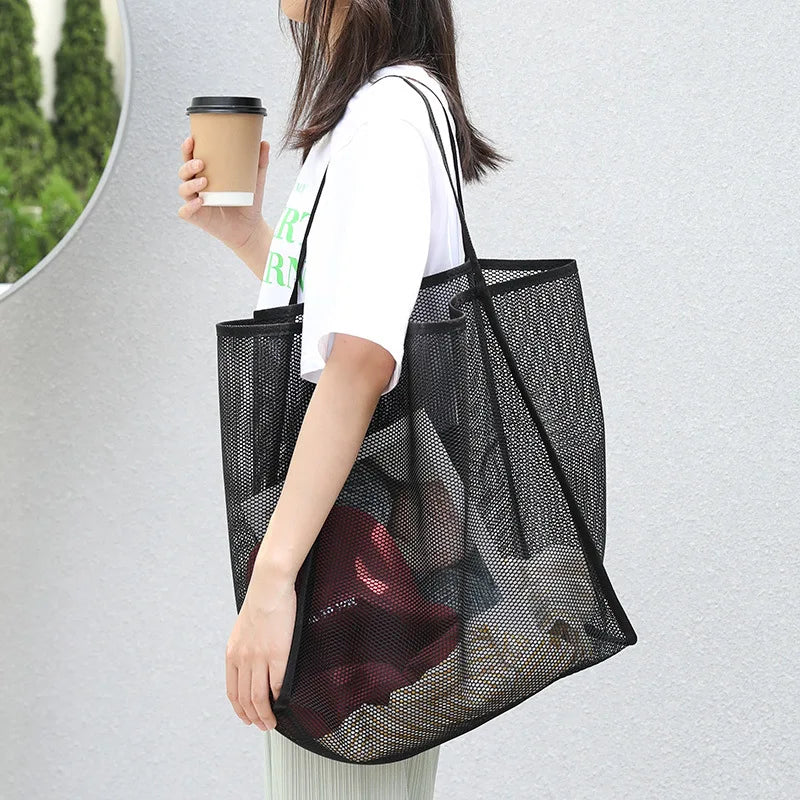 Mesh Tote Bag – Large Capacity Shoulder Bag for Beach, Travel & School