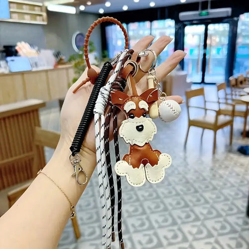Schnauzer Bag Charm – Handmade Leather Dog Keychain with Baseball