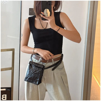 Korean Pleated Leather Crossbody Bag – Trendy Folding Square Phone Bag