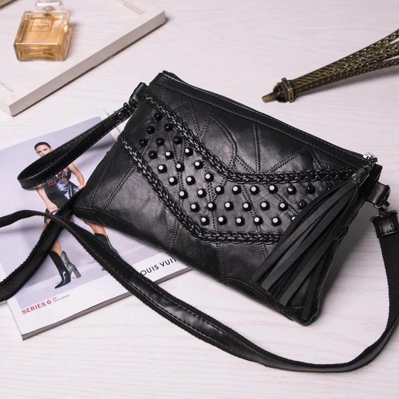 Tassel Leather Crossbody Bag – Women's Studded Clutch Purse