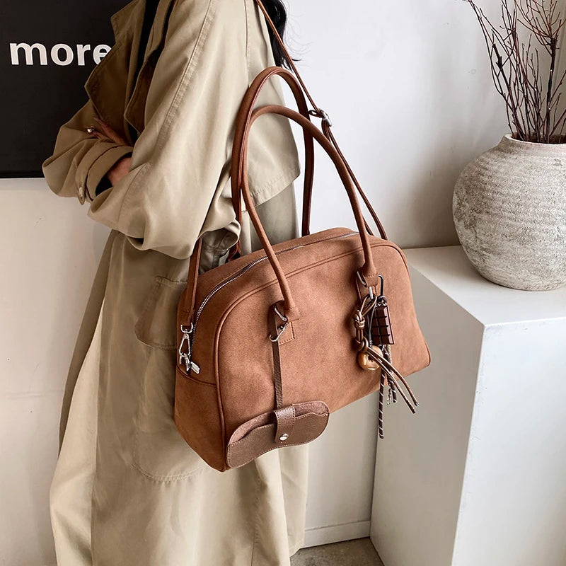Large Suede Bowling Bag with Long Strap for Women