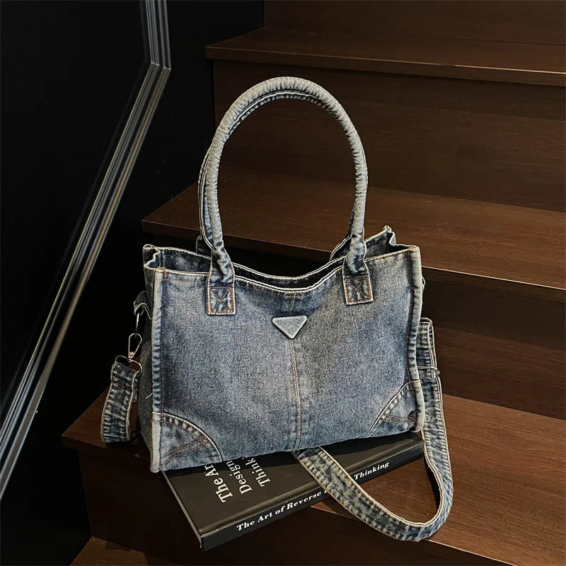 Trendy Summer Large Capacity Denim Shoulder Bag Korean Design Casual Minimalist Crossbody Versatile