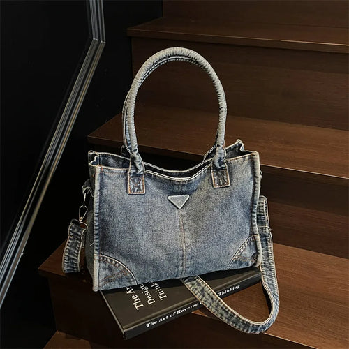 Trendy Summer Large Capacity Denim Shoulder Bag Korean Design Casual Minimalist Crossbody Versatile