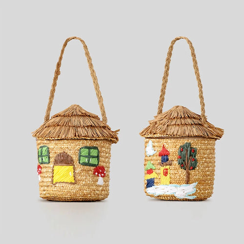 Creative Cartoon House Women Shoulder Bags Paper Woven Cute Handbags Handmade Summer Beach Bag Girls