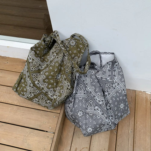 Retro Cashew Flower Shoulder Bag Student Canvas Large Capacity Handbag Casual Tote Woman