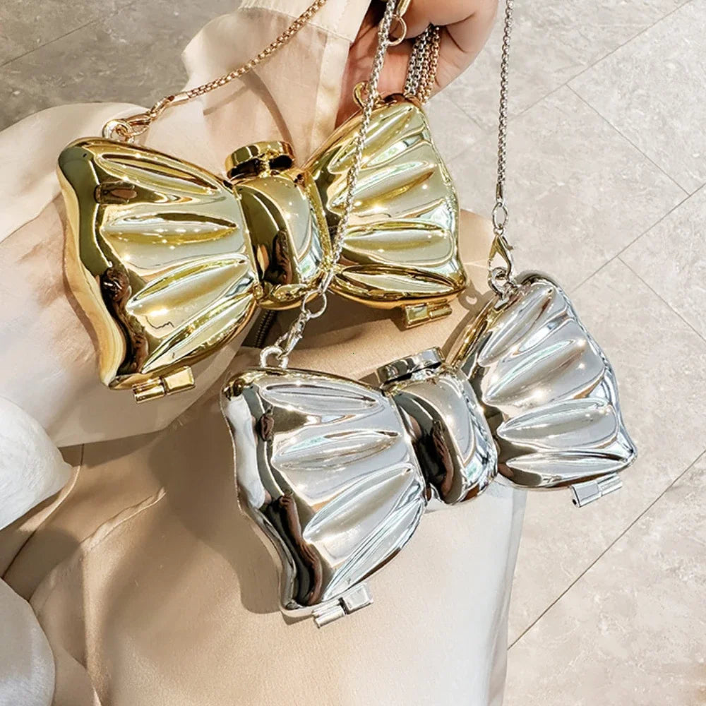 Bow-Shaped Evening Clutch Bag – Gold & Silver Chain Purse