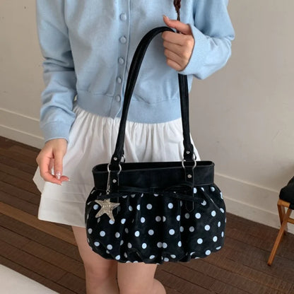 Polka Dot Ruched Hobo Bag – Large Shoulder Bag with Star Charm
