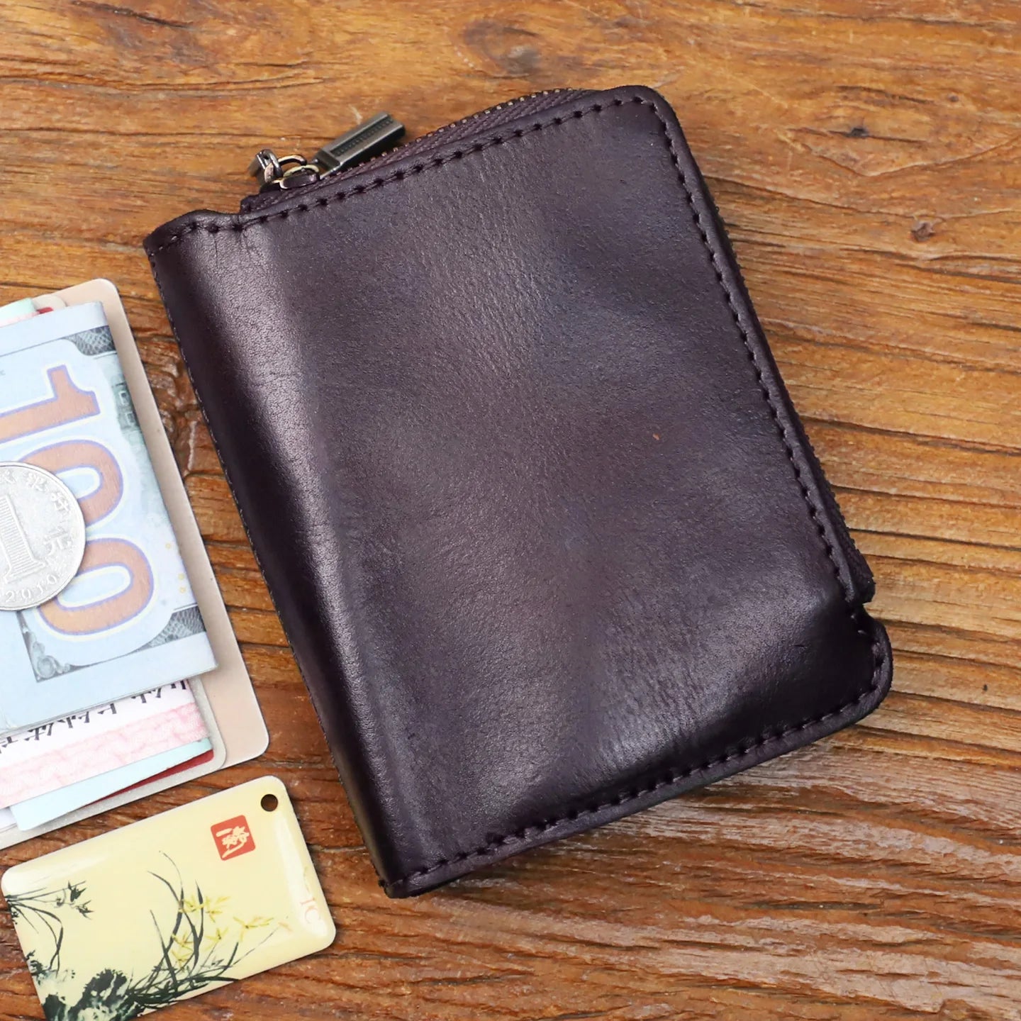 Men's Genuine Leather Zipper Card Holder Wallet