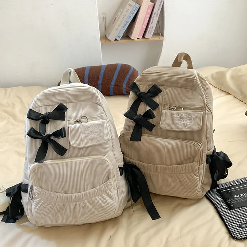Bow Accent Corduroy Backpack for Women – Cute Aesthetic School Bag