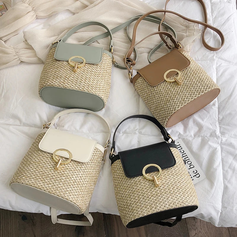 Straw Bucket Bag Women's Summer Crossbody Handbag