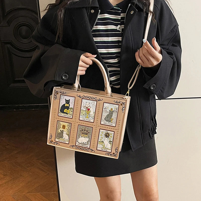 Cat Tarot Print Tote Bag for Women – Stylish Top-Handle Handbag