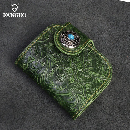 Handmade Genuine Leather Short Wallet – Floral Embossed Men's Bifold