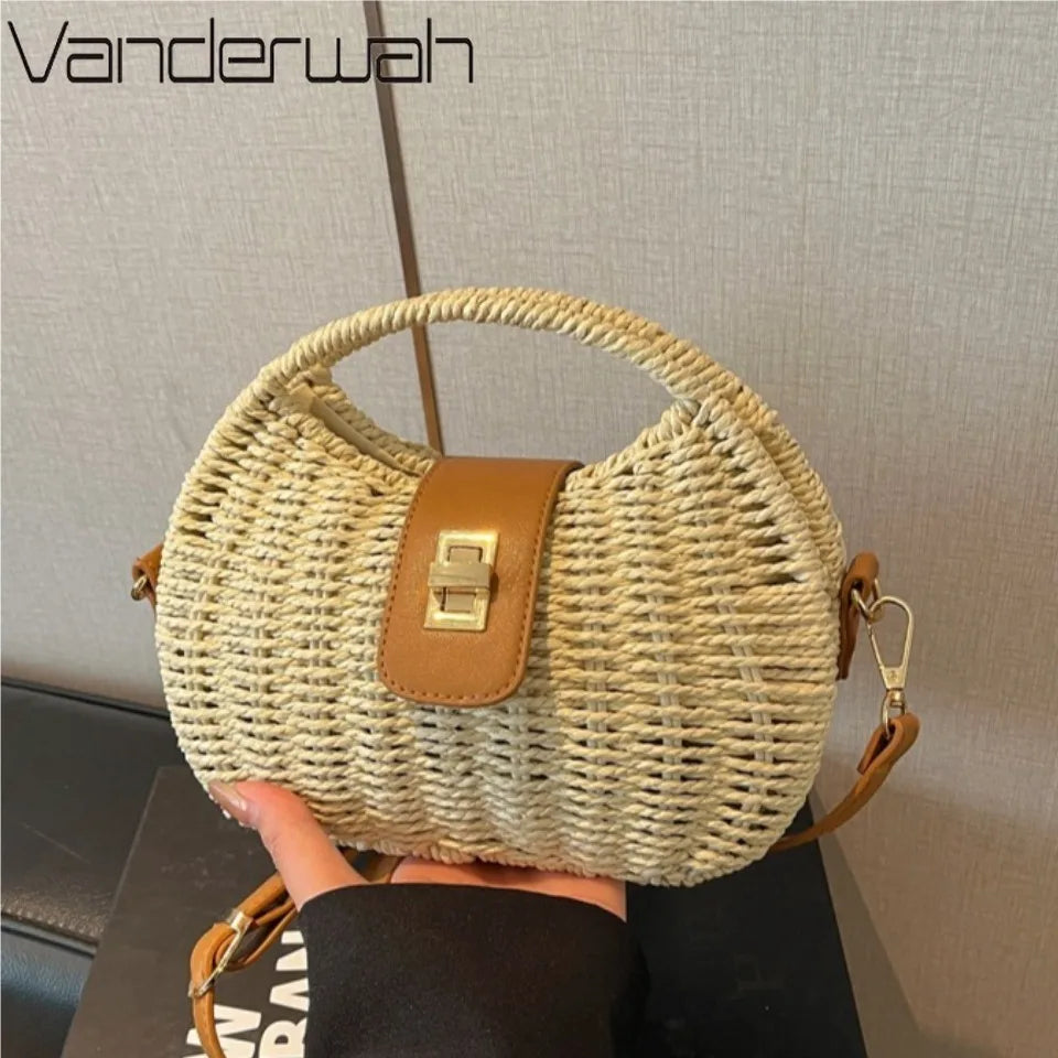 Rattan Woven Half Moon Crossbody Bag – Women's Straw Shoulder Bag