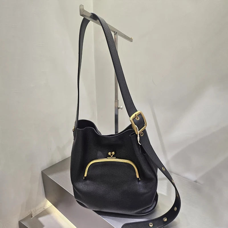 Bucket Shoulder Bag – Lychee Pattern Large Capacity Tote