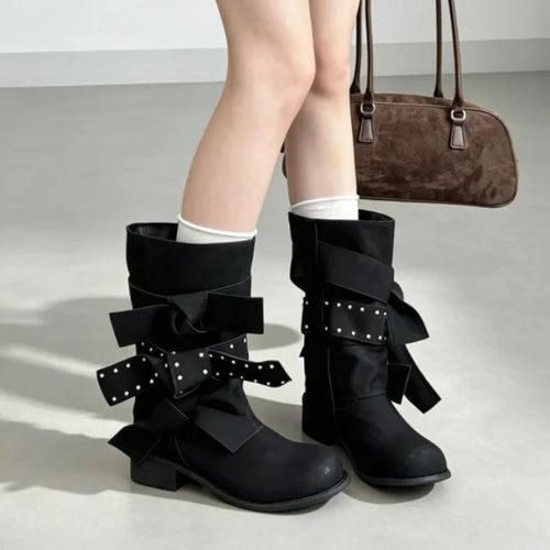 Punk Rivet Bow Mid-Calf Boots – Women's Block Heel British Style