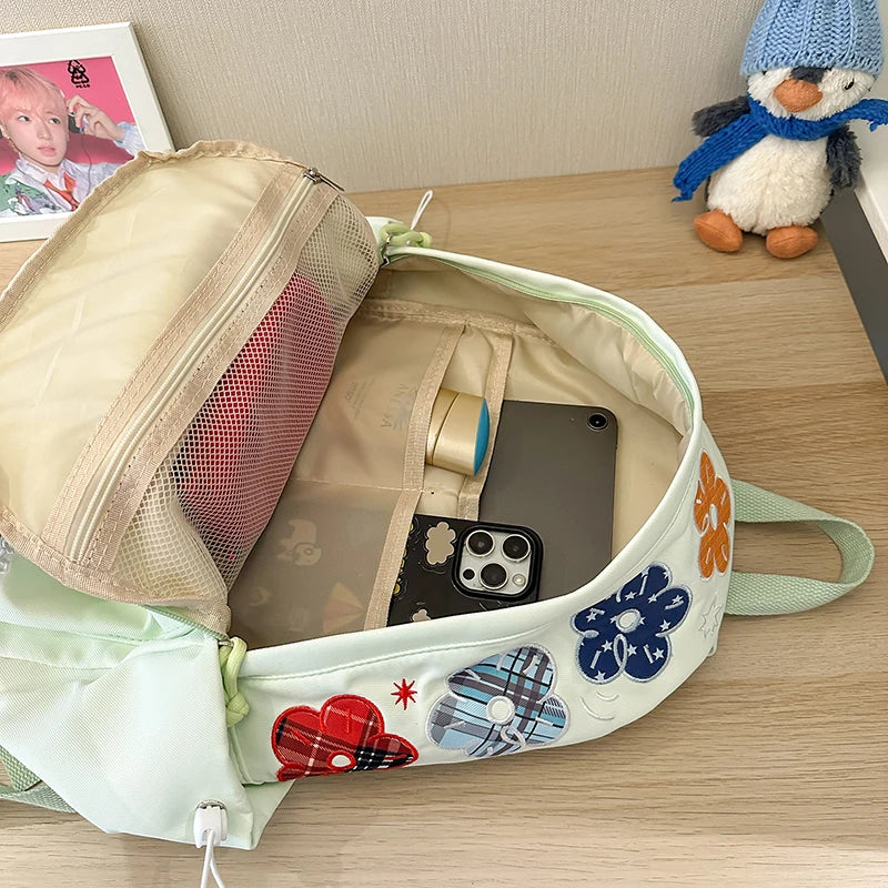 Kawaii Floral Bow Backpack for Girls – Large Nylon School Bag