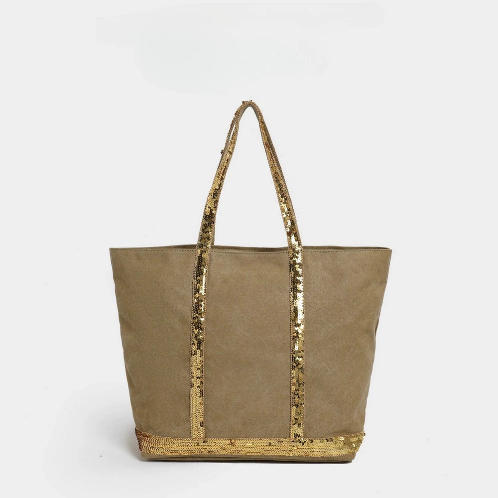 French Sequined Tote Bag Women Luxury Large Bucket Vintage Casual Woven Commuter Canvas Shopper