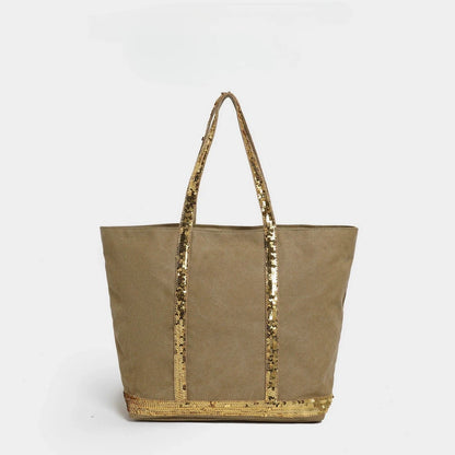 French Sequined Tote Bag Women Luxury Large Bucket Vintage Casual Woven Commuter Canvas Shopper