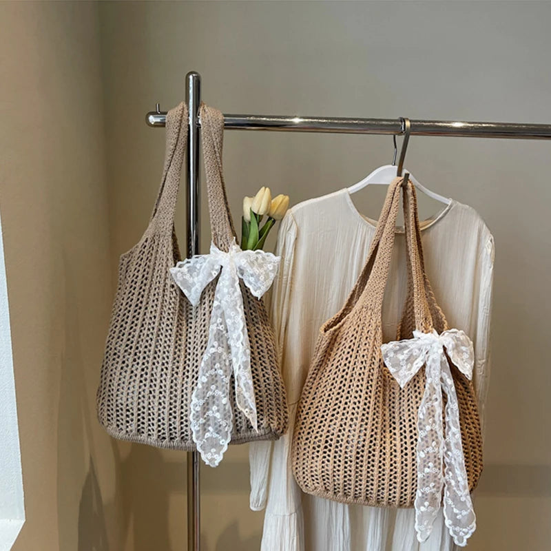 Lace Ribbon Woven Tote Bag – Bohemian Beach Shoulder Bag