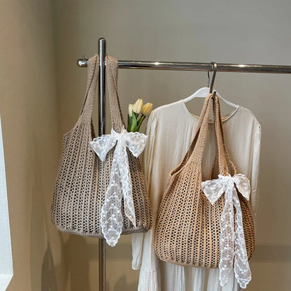 Lace Ribbon Woven Tote Bag – Bohemian Beach Shoulder Bag