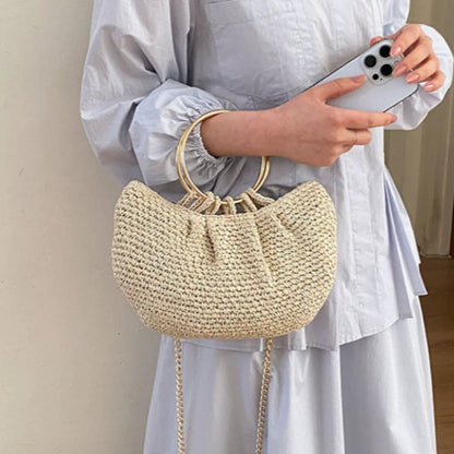 Handwoven Straw Crossbody Bag with Gold Ring Handle