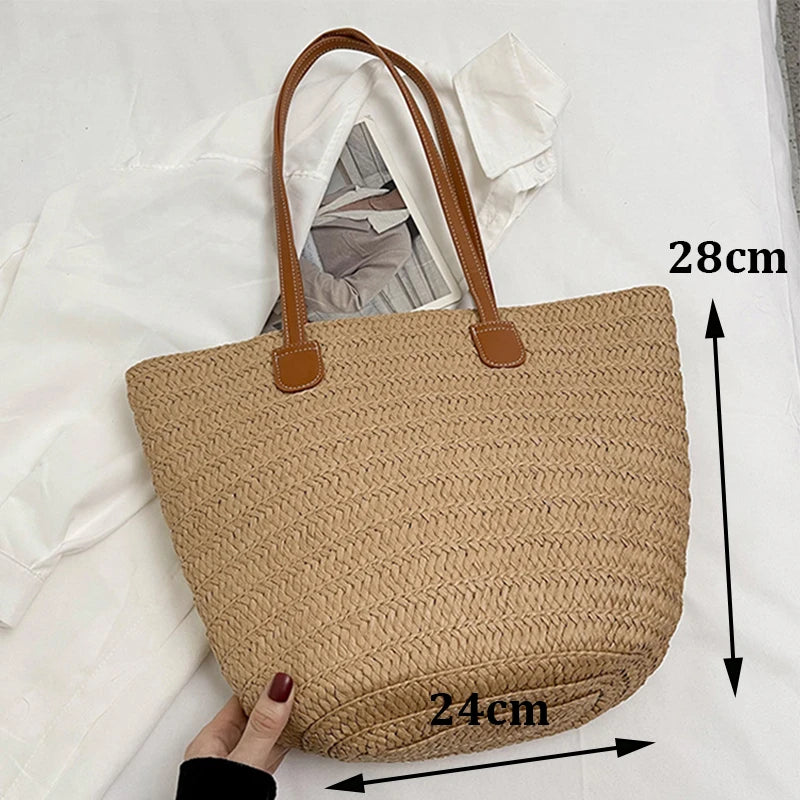 Handmade Straw Woven Round Beach Tote Bag