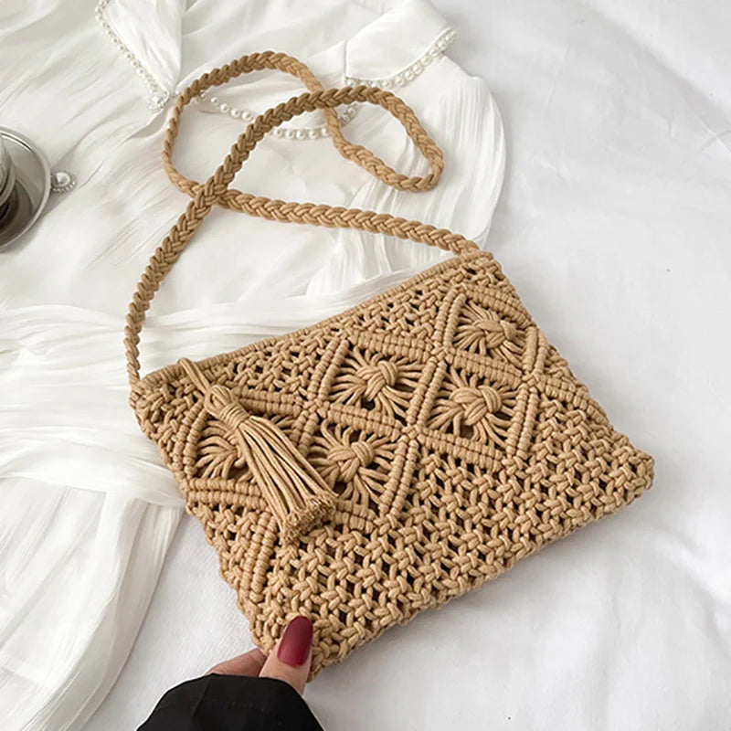 Handmade Straw Crossbody Bag – Women's Hollow Woven Shoulder Purse with Tassel