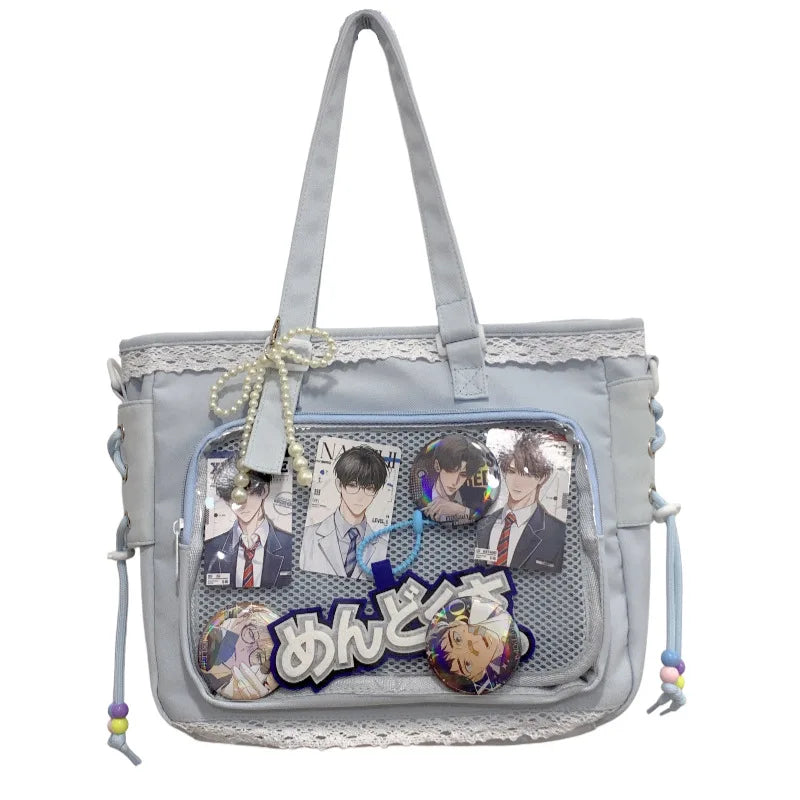 Anime Ribbon Shoulder Bag Large Capacity Cute Soft Girl Tote Handle Comfortable Versatile Texture
