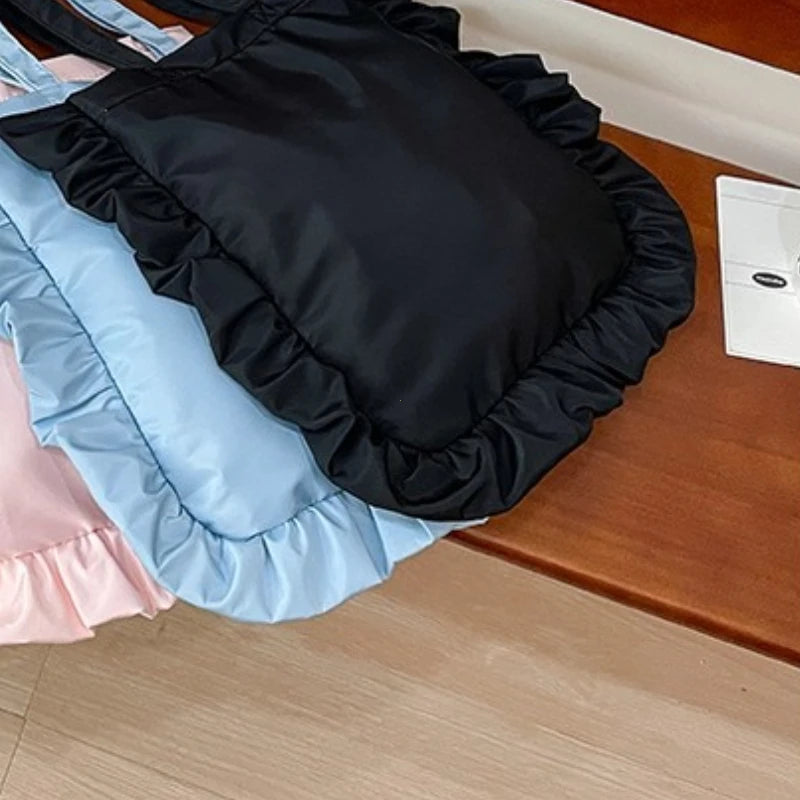 Ruffled Nylon Tote Bag for Women Large Capacity Shoulder Bag