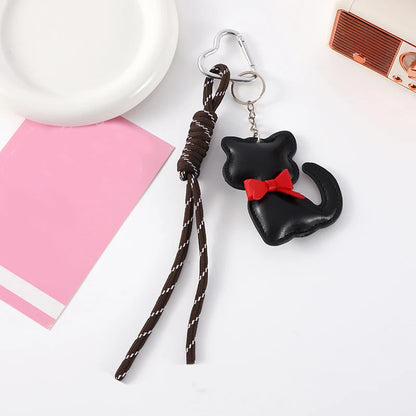 Cute Leather Cat Bag Charm Keychain with Pearl & Bowknot for Women