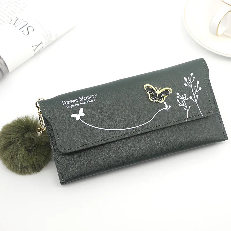 Women's Long Wallet – Butterfly PU Leather Purse with Pom-Pom