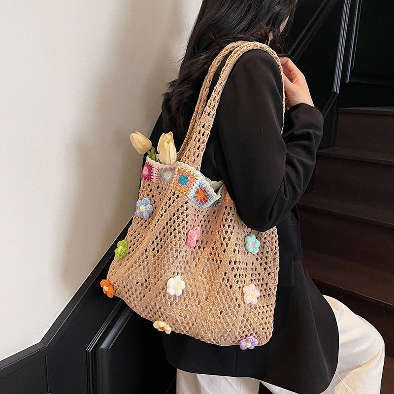 Crochet Flower Beach Tote Bag Women's Boho Shoulder Bag