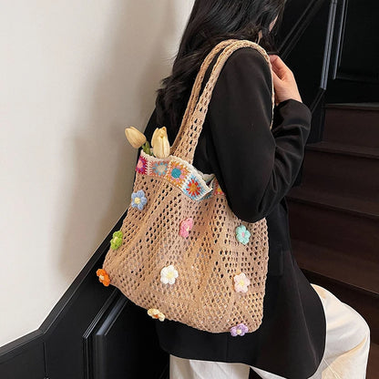 Crochet Flower Beach Tote Bag Women's Boho Shoulder Bag