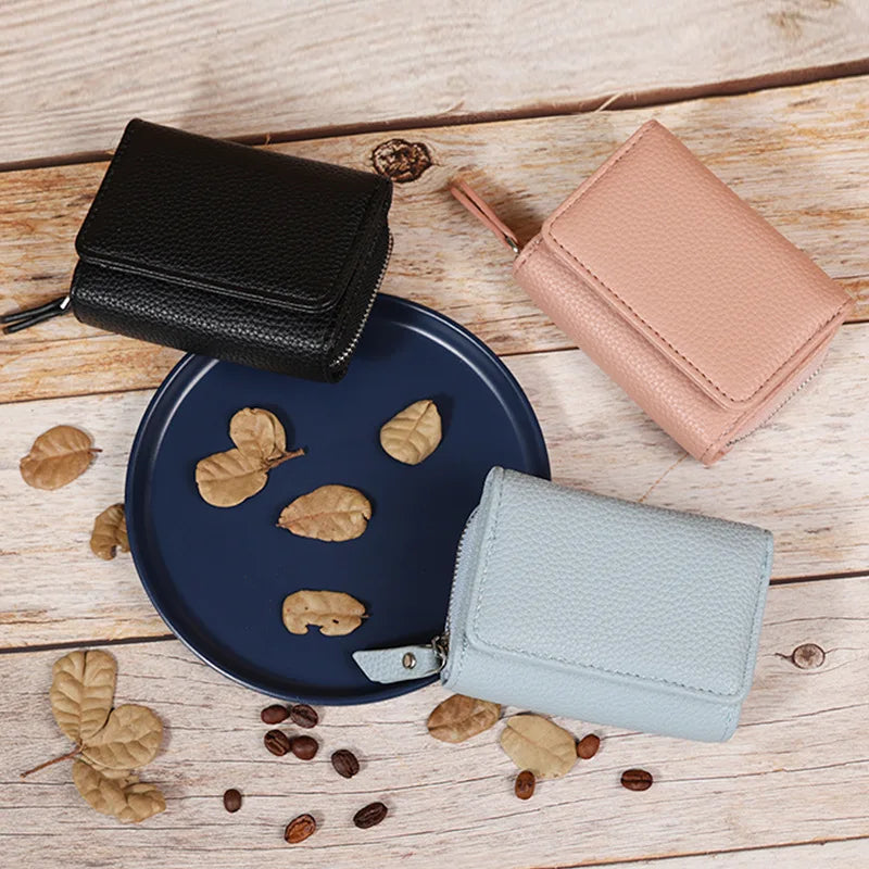PU Leather Short Wallet for Women – Lychee Texture Multi-Card Organizer