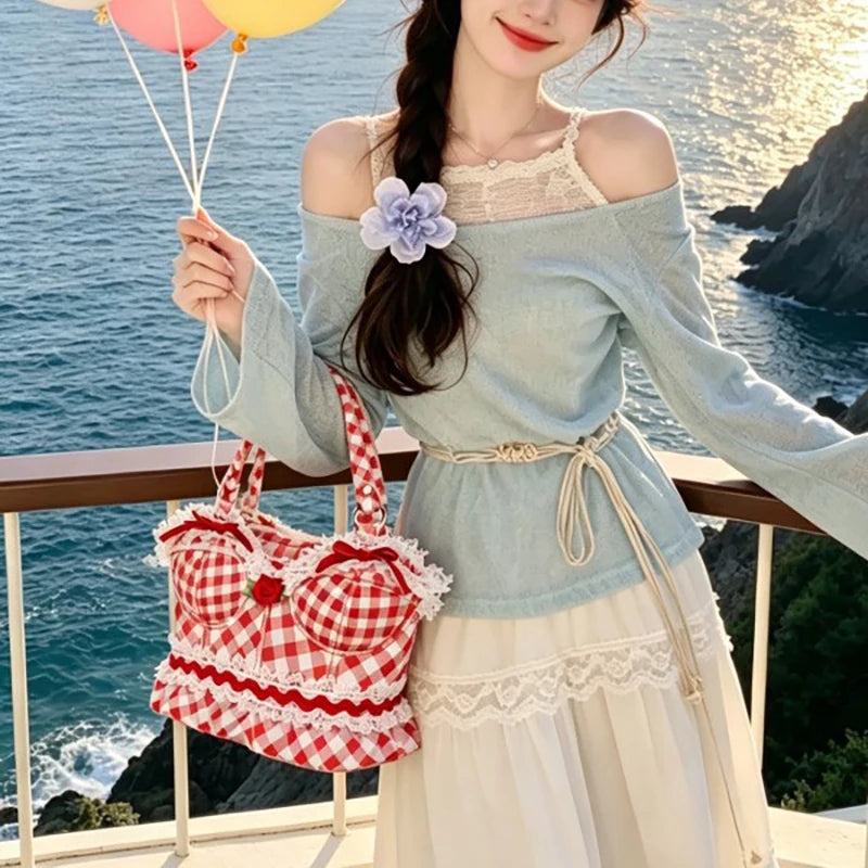 Novelty Bust-Shape Handbag – Plaid Lace Rose Shoulder Bag for Women