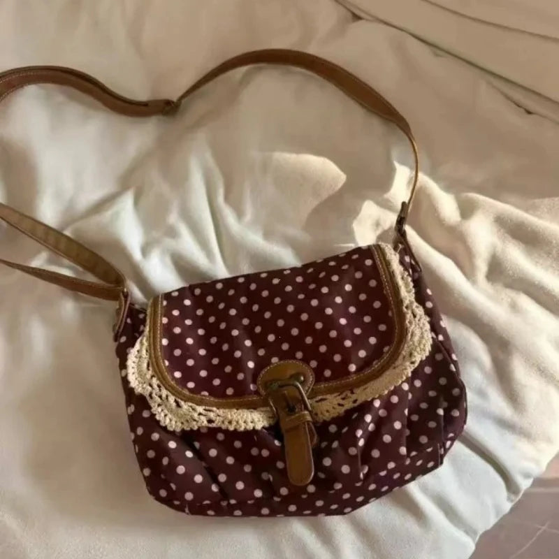 Polka Dot Vintage Canvas Crossbody Bag for Women