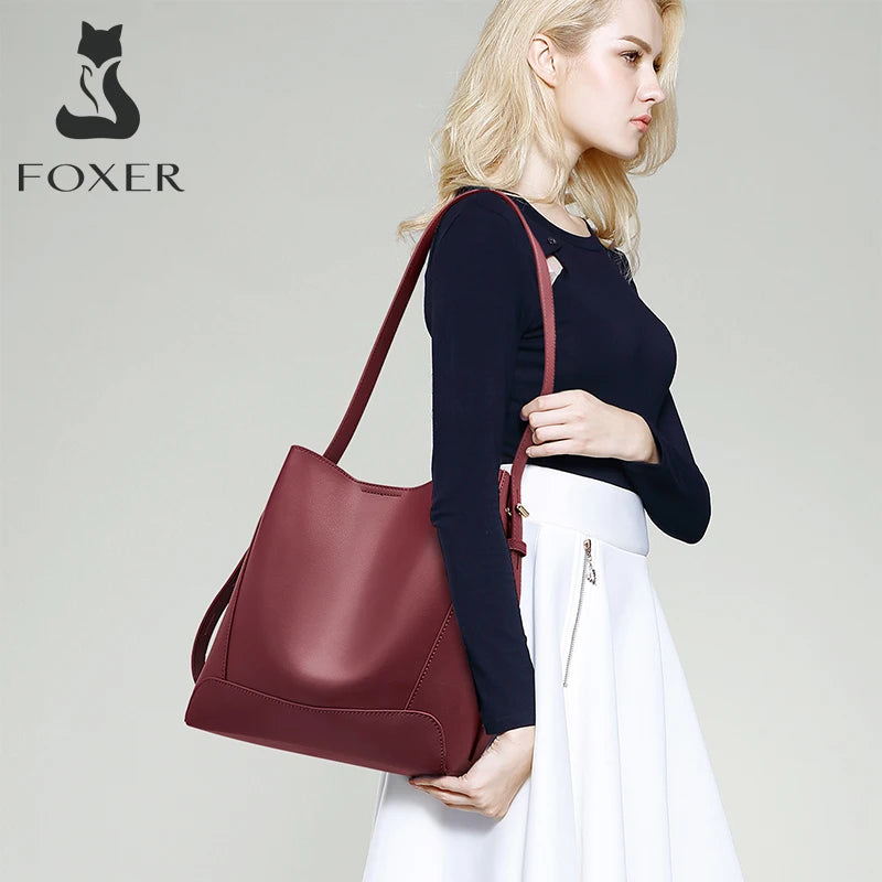 Foxer Women S Bucket Bag Split Leather Large Capacity Tote Female Crossbody Commuter Shoulder