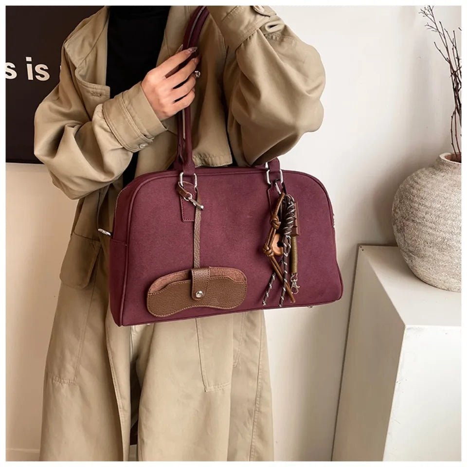 Large Suede Bowling Bag with Long Strap for Women