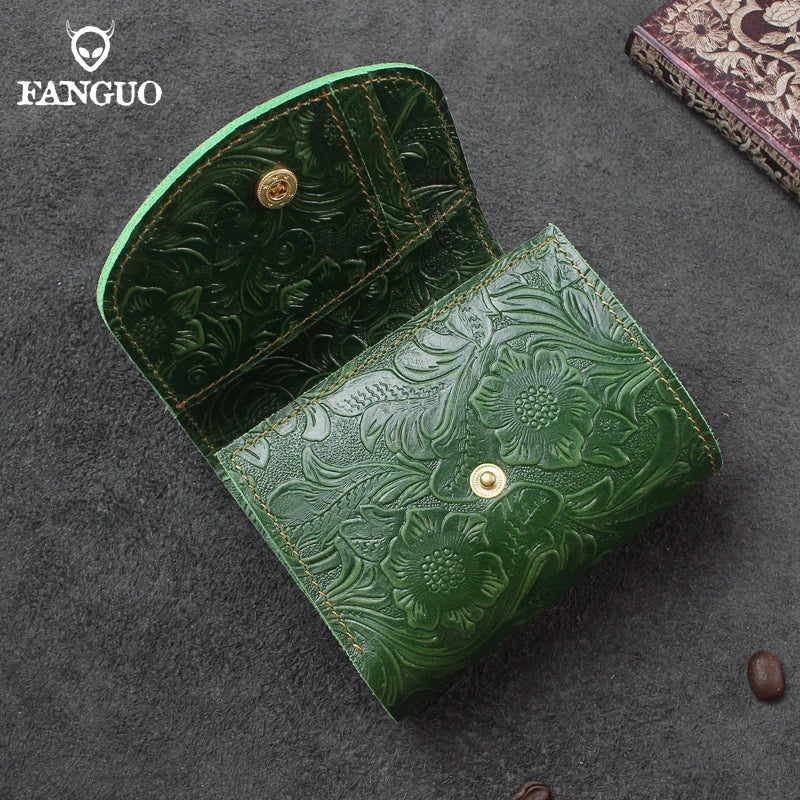 Genuine Leather Short Wallet – Floral Embossed Bifold Card Holder