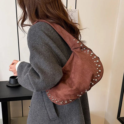 Rivet Studded Hobo Shoulder Bag – Women's Half Moon Tote