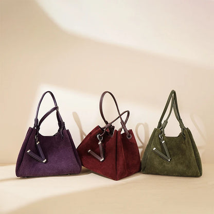 Suede Leather Bucket Bag for Women – Minimalist Handheld Tote