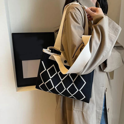 Knit Tote Bag – Argyle Diamond Pattern Large Capacity Shoulder Bag
