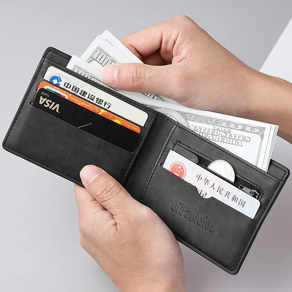 Men's Slim PU Leather Wallet – Bifold with Zipper & Card Slots