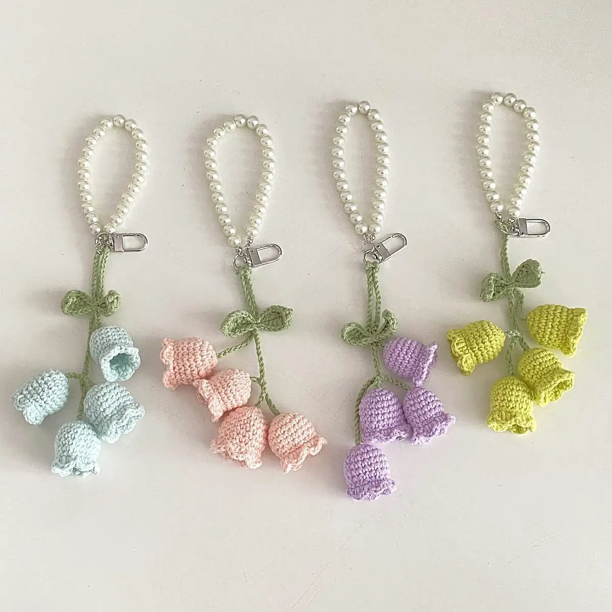 Crochet Flower Keychain with Pearl Chain Bag Charm Handmade