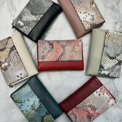 Snake Pattern Genuine Cowhide Leather Trifold Wallet for Women