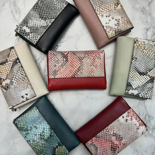 Snake Pattern Genuine Cowhide Leather Trifold Wallet for Women
