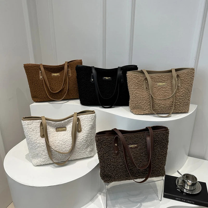 Lamb Wool Tote Bag – Women's Plush Shoulder Handbag