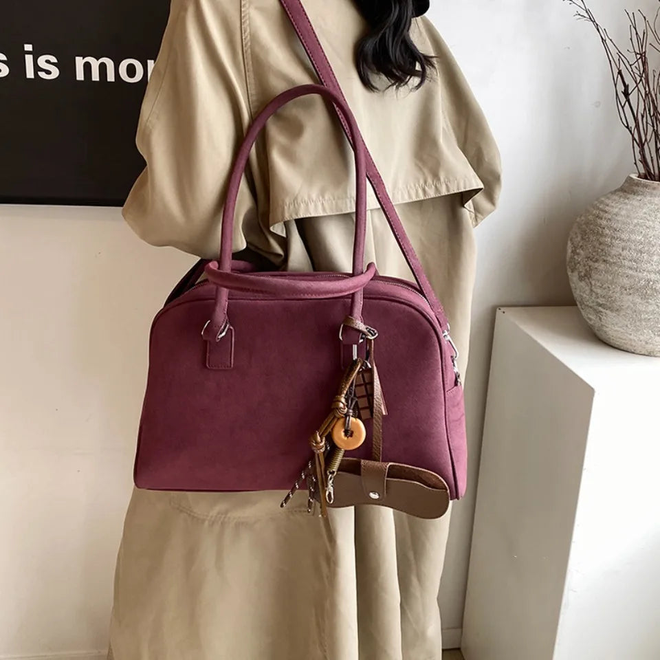Large Suede Bowling Bag with Long Strap for Women